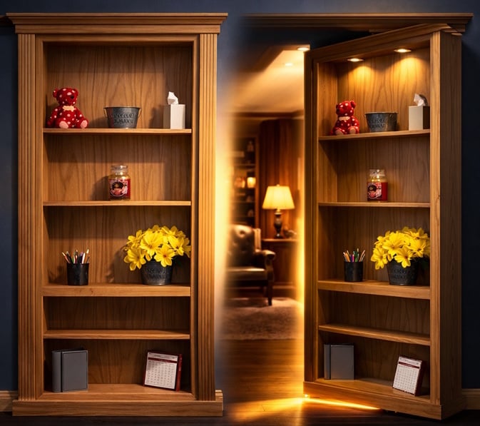 Custom hidden bookcase door in real wood, shown closed as a bookshelf and open as a doorway